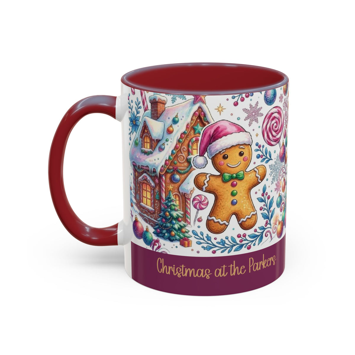 Maroon personalized Gingerbread Village mug, 11oz, side view with handle on the left