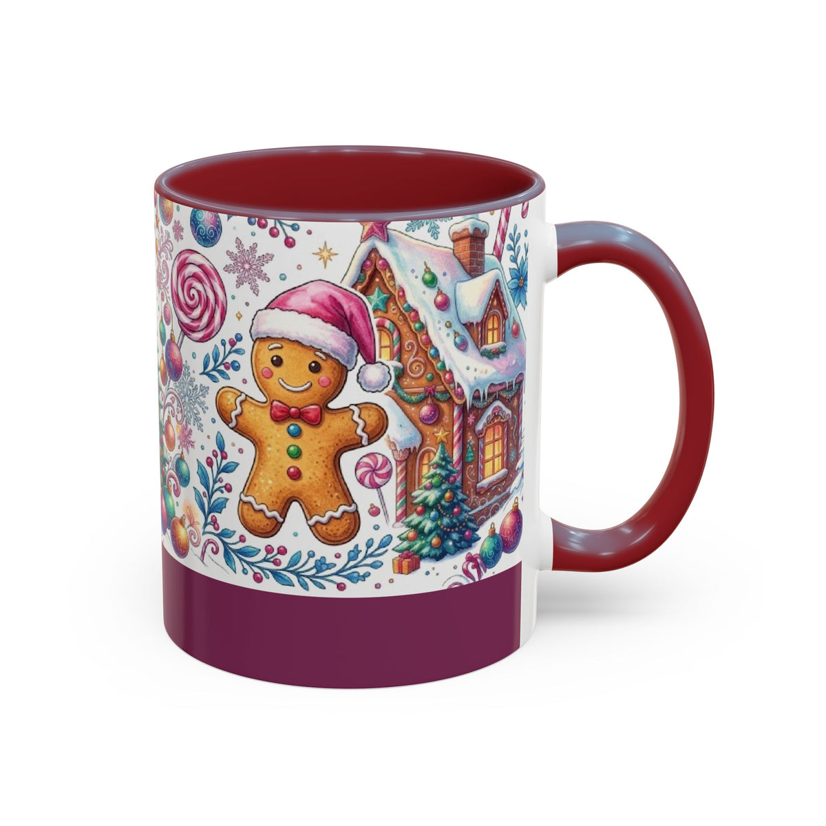 Maroon personalized Gingerbread Village mug, 11oz, side view with handle on the right