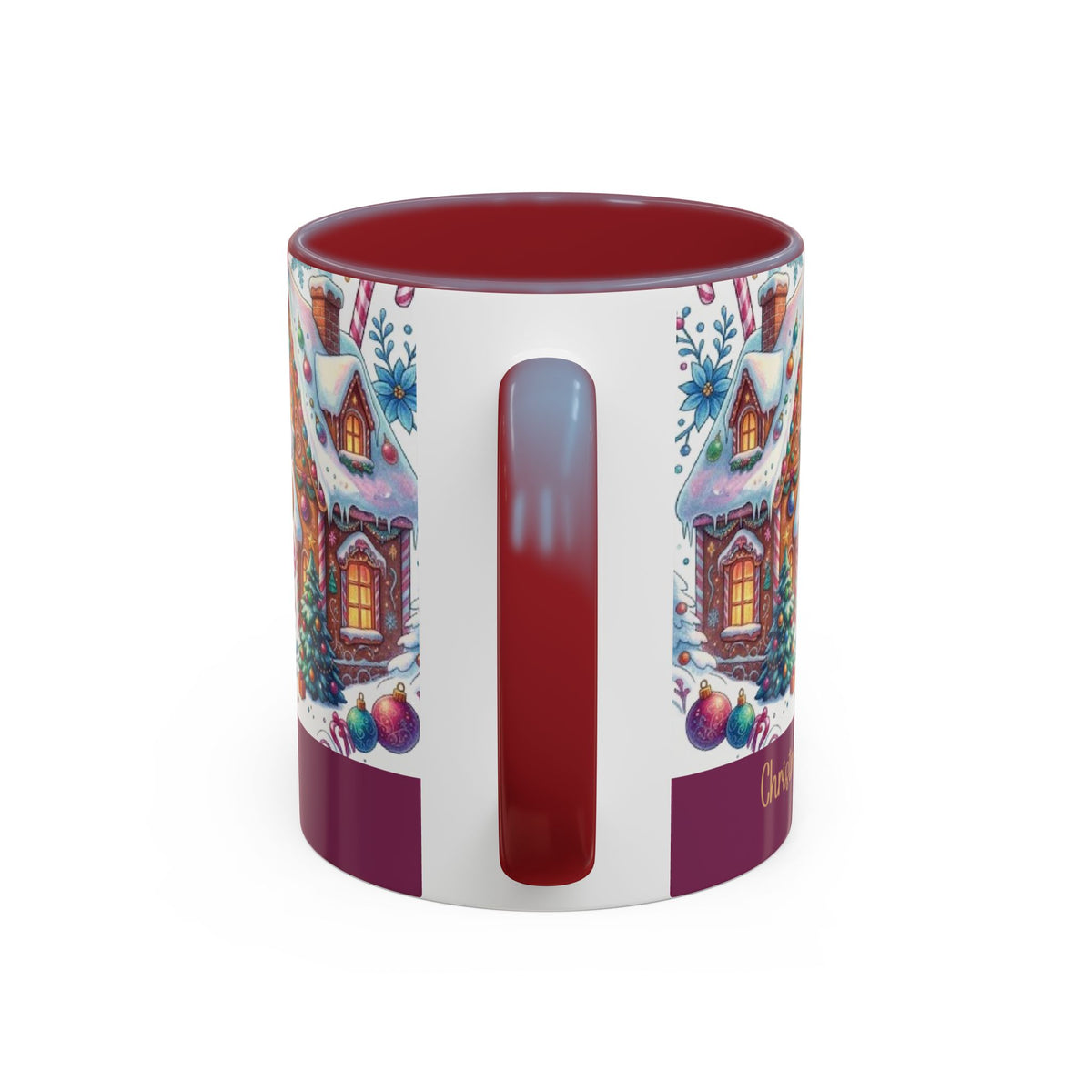 Maroon personalized Gingerbread Village mug, 11oz, handle view