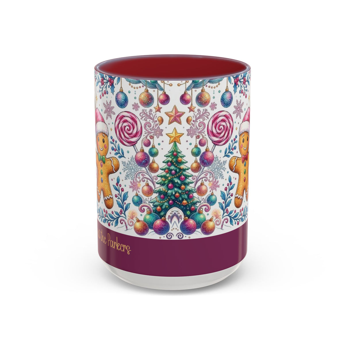 Maroon personalized Gingerbread Village mug, 15oz, front view