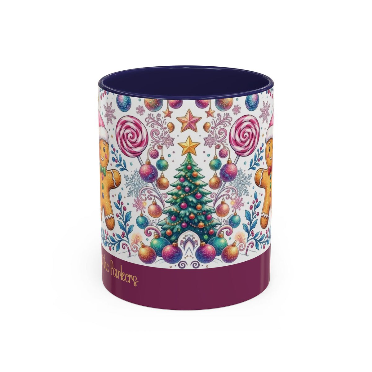 Navy personalized Gingerbread Village mug, 11oz, front view
