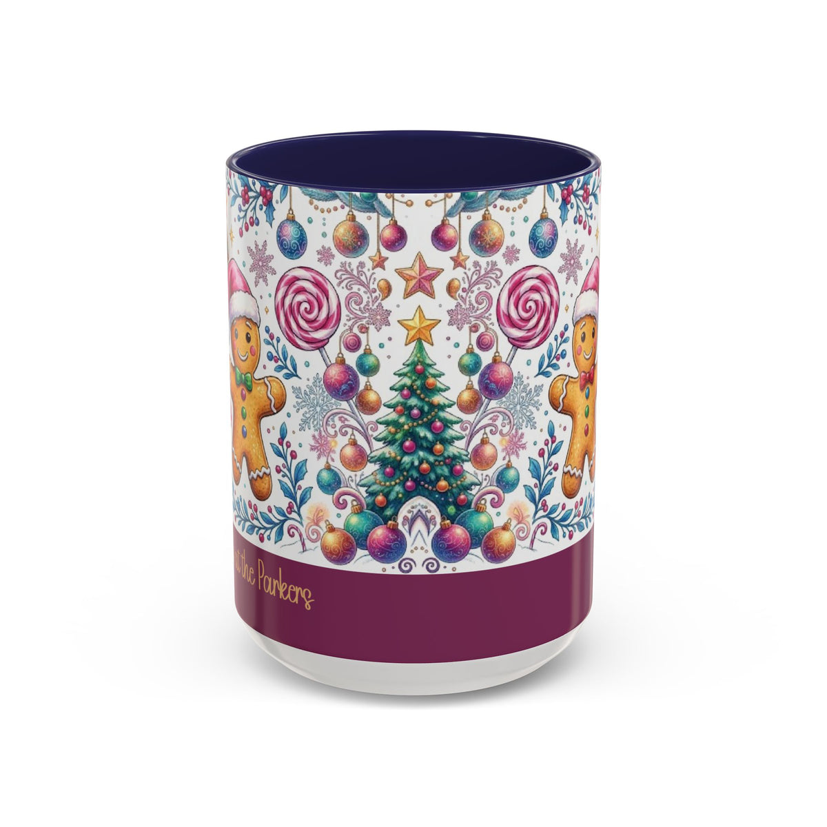 Navy personalized Gingerbread Village mug, 15oz, front view