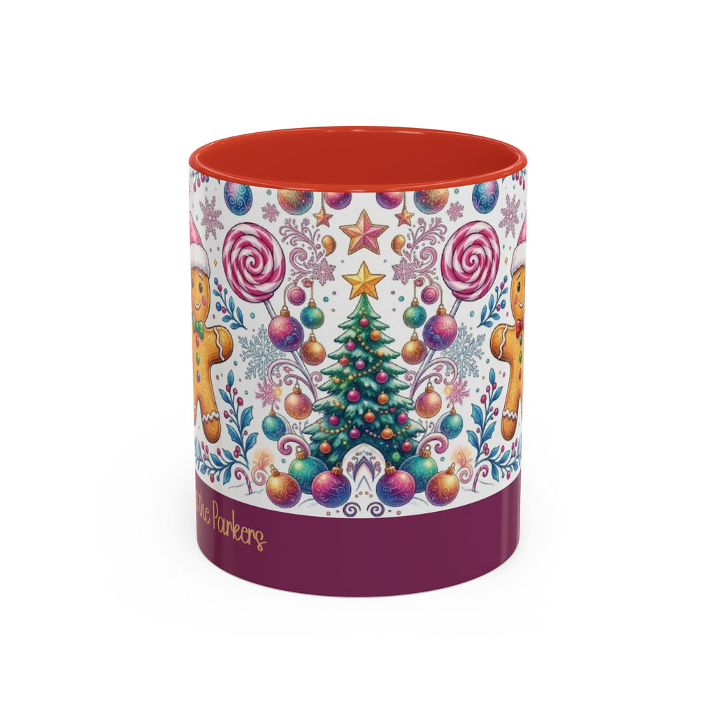 Red personalized Gingerbread Village mug, 11oz, front view