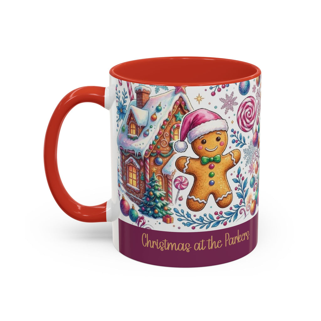 Red personalized Gingerbread Village mug, 11oz, side view with handle on the left