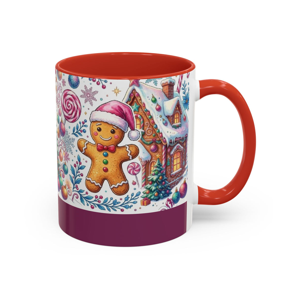 Red personalized Gingerbread Village mug, 11oz, side view with handle on the right