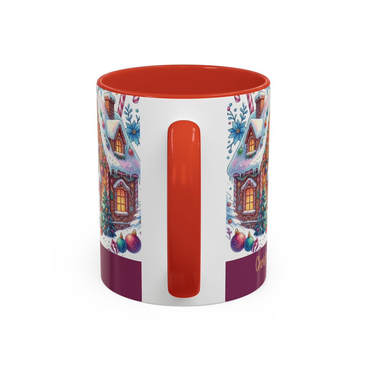 Red personalized Gingerbread Village mug, 11oz, handle view