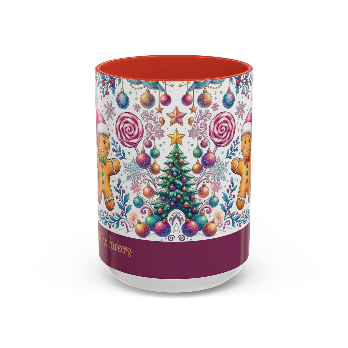 Red personalized Gingerbread Village mug, 15oz, front view