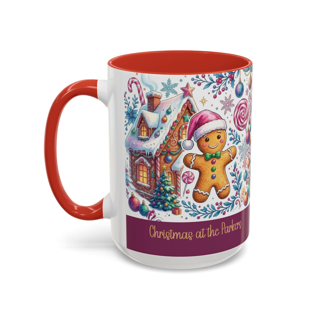 Red personalized Gingerbread Village mug, 15oz, side view with handle on the left