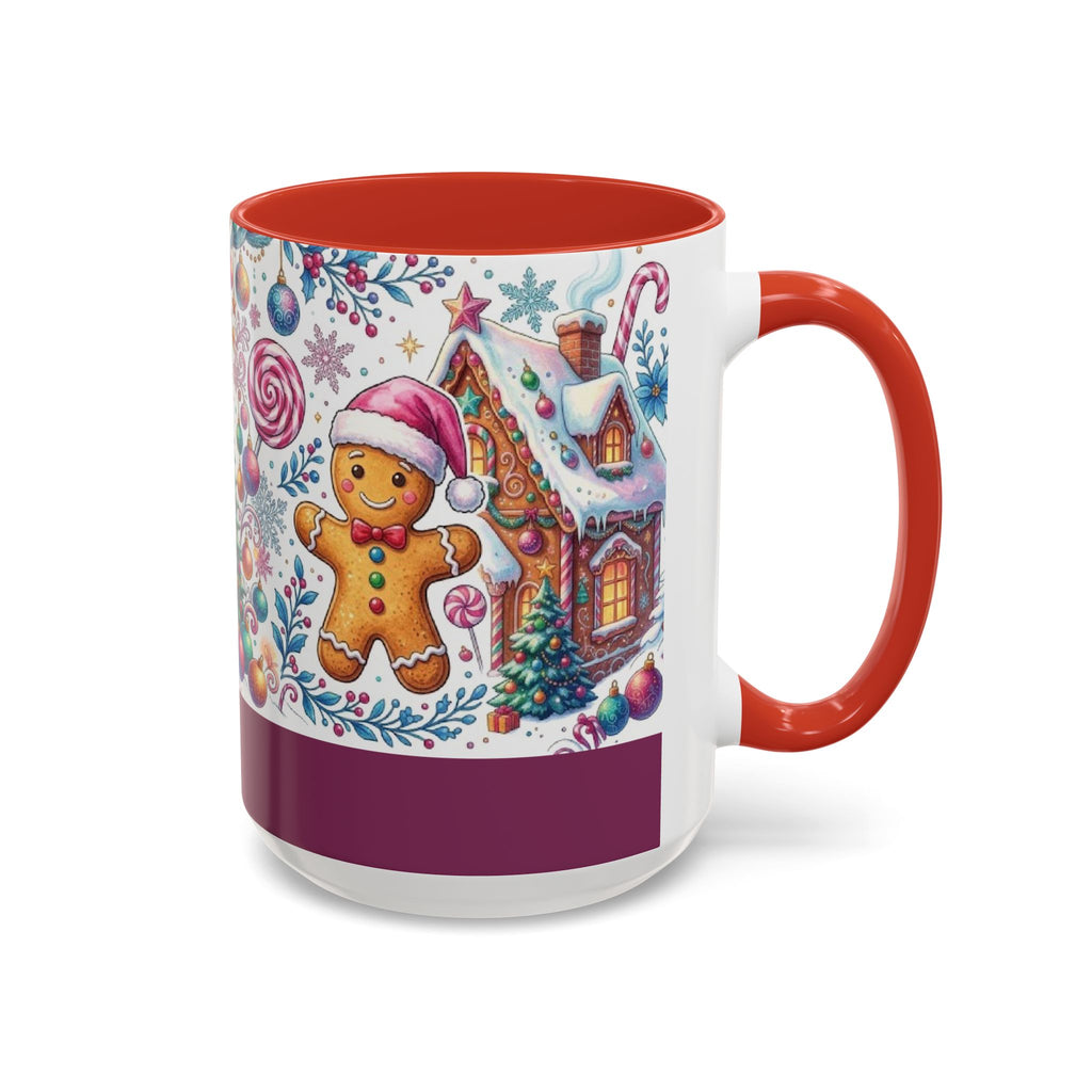 Red personalized Gingerbread Village mug, 15oz, side view with handle on the right