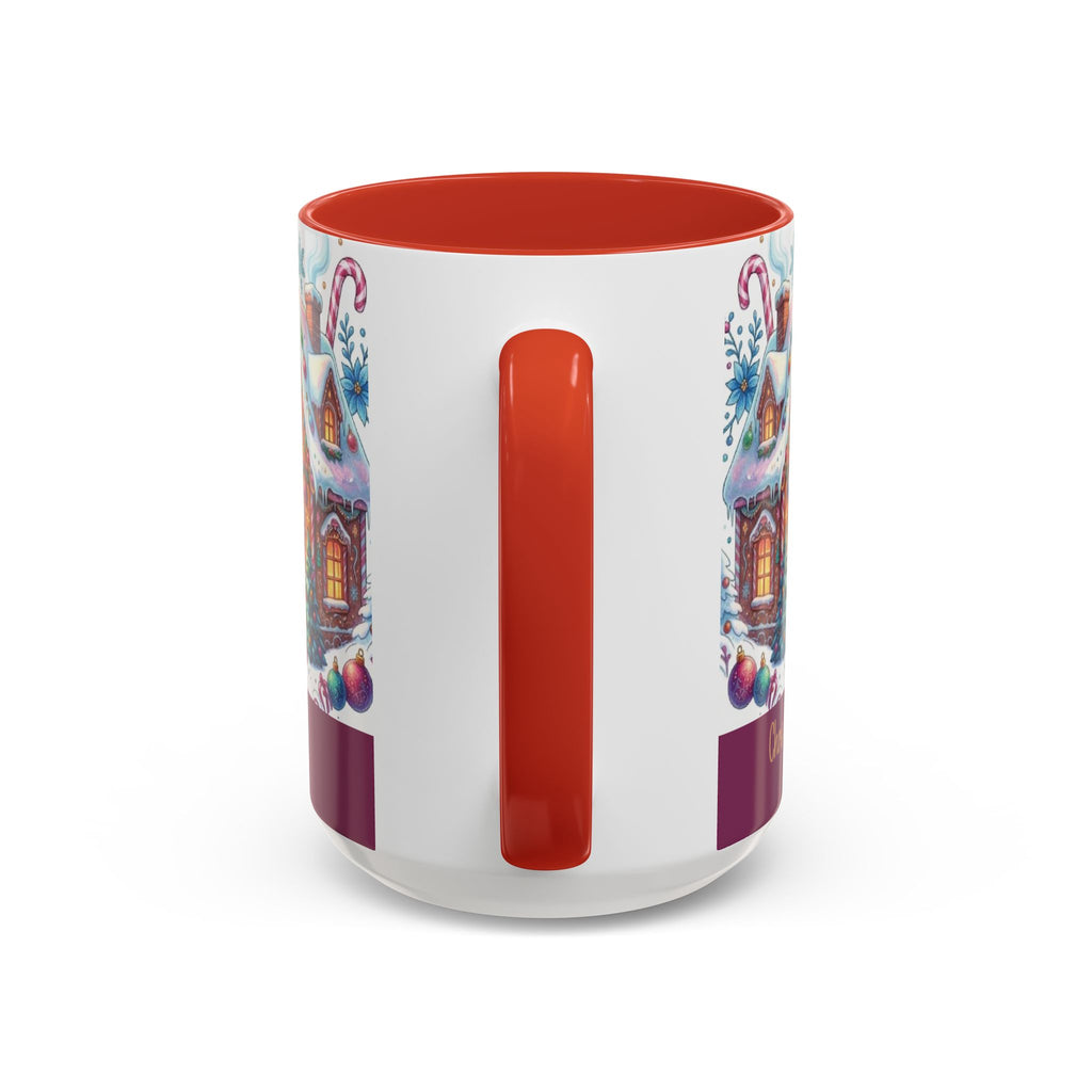 Red personalized Gingerbread Village mug, 15oz, handle view