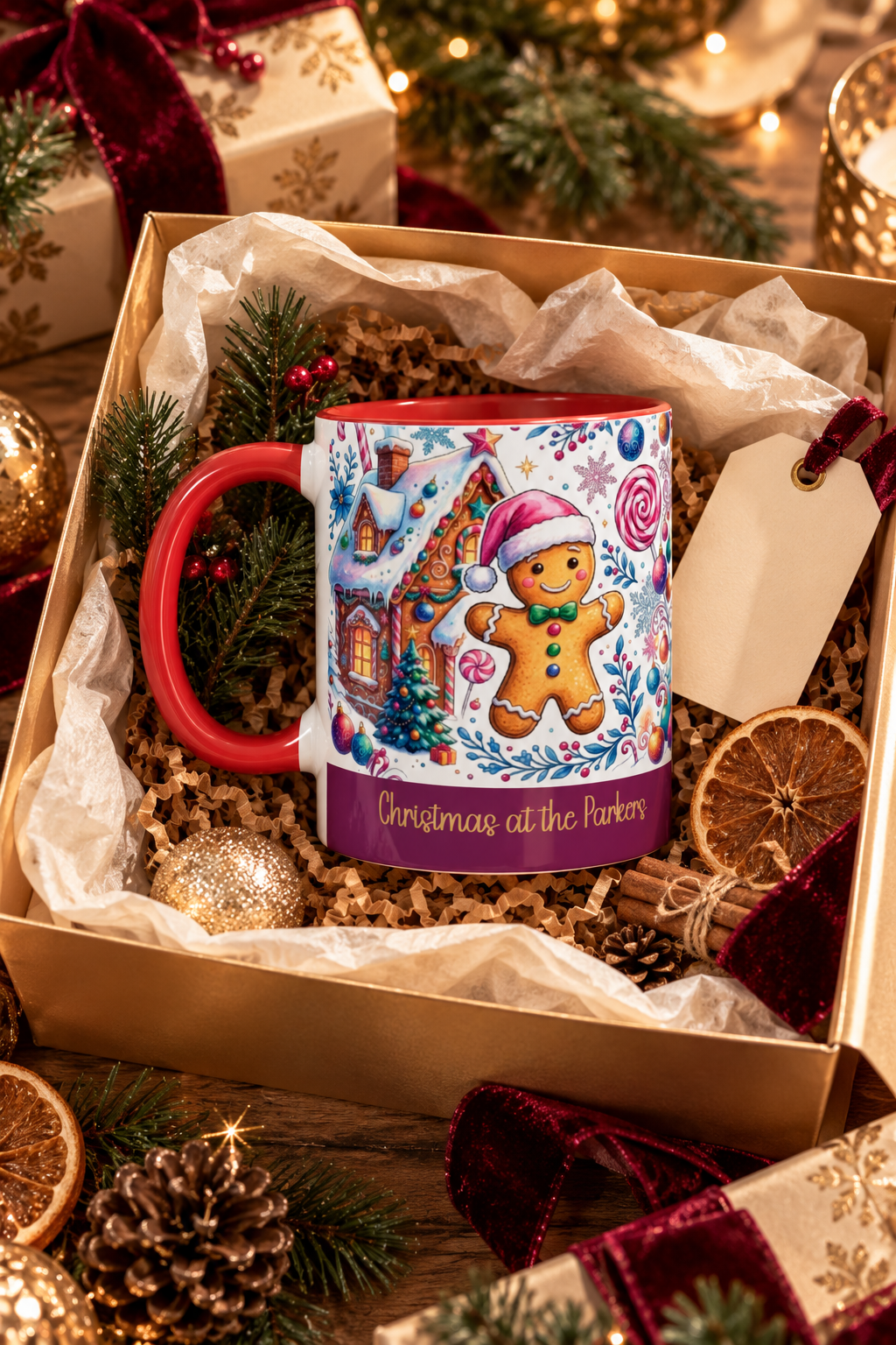 Red personalized Gingerbread Village mug in a Christmas gift box, lifestyle photo