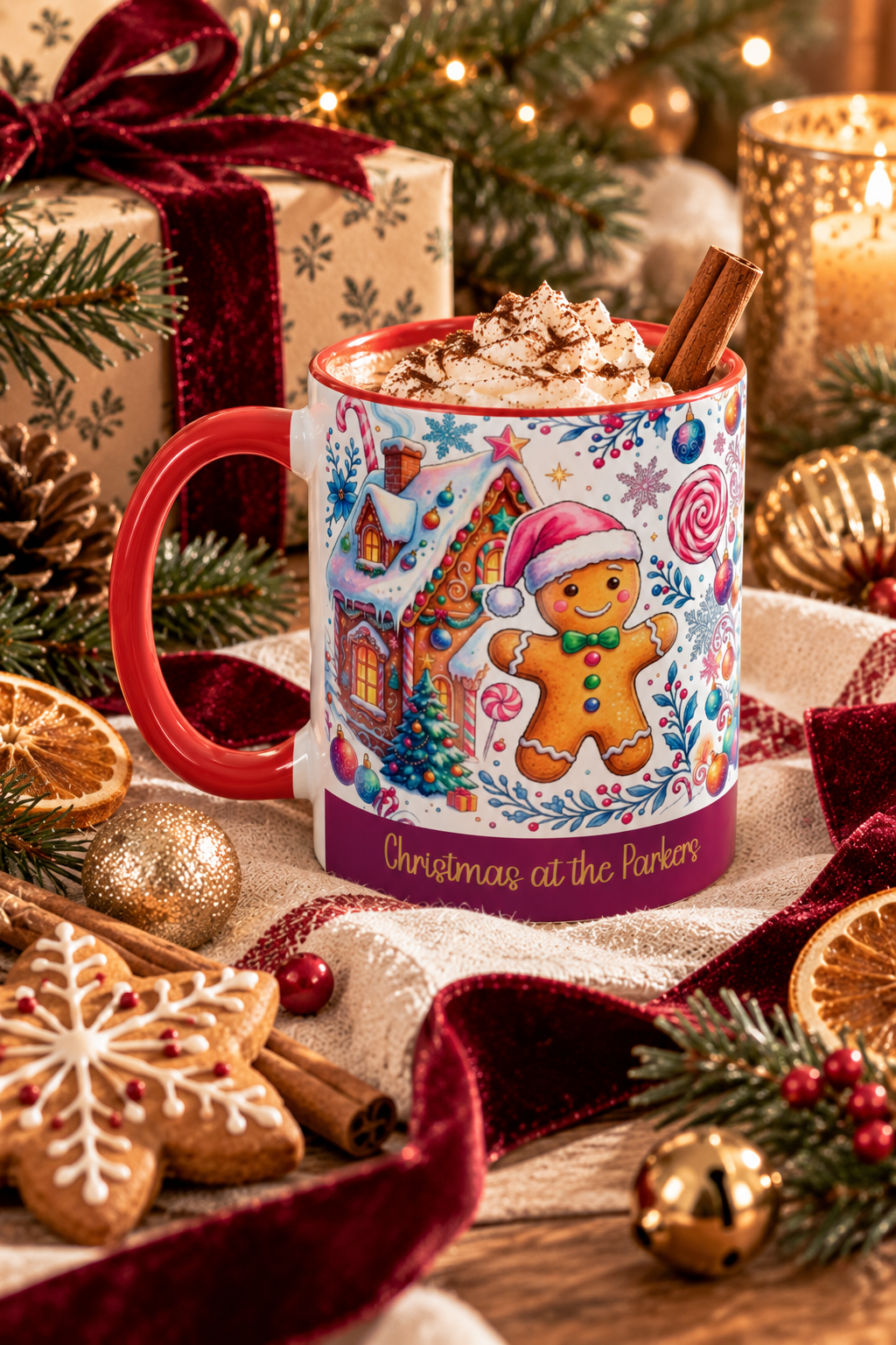 Red personalized Gingerbread Village mug with hot cocoa and Christmas treats, lifestyle photo