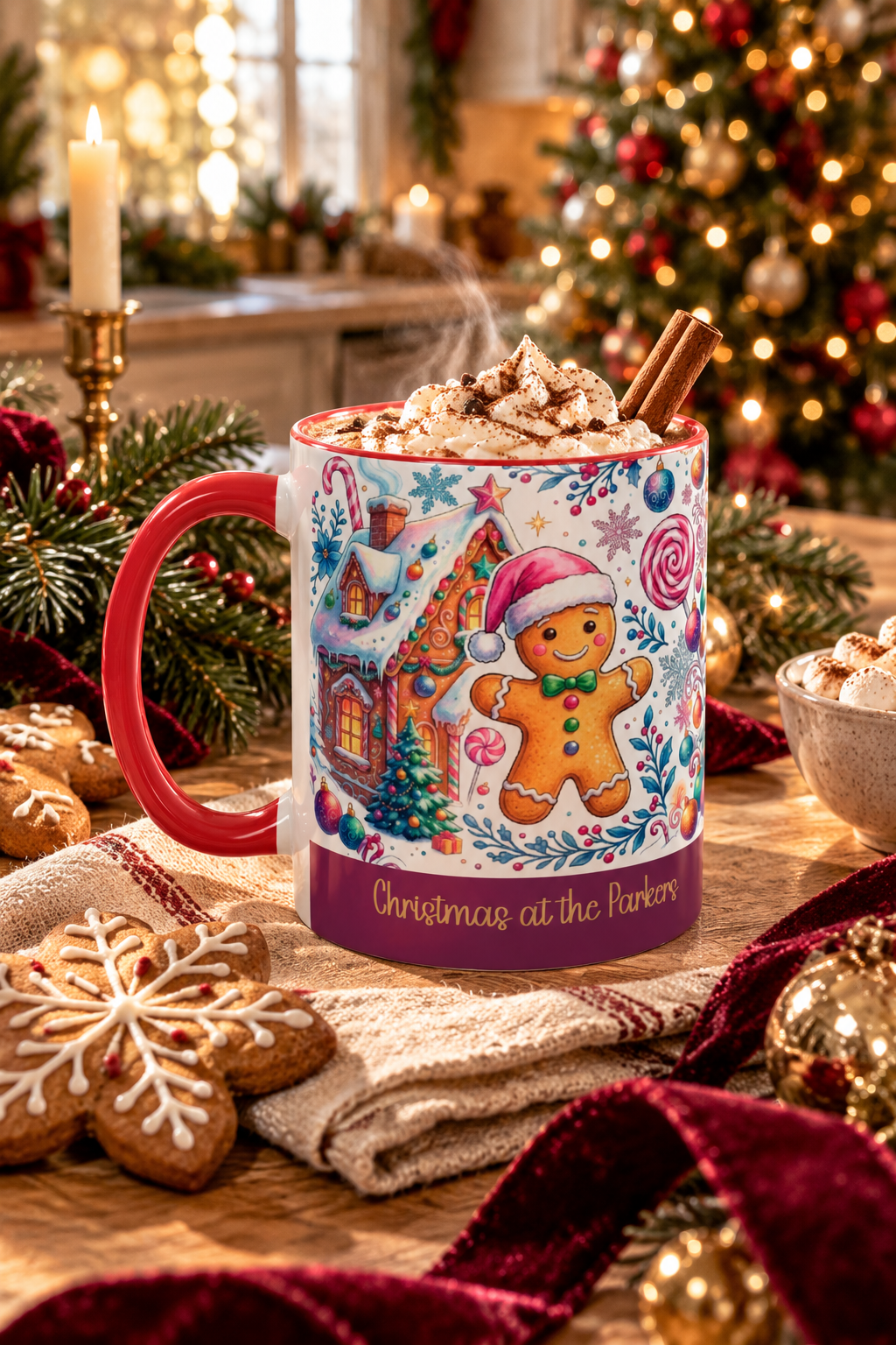 Red personalized Gingerbread Village mug with hot cocoa by the Christmas tree, lifestyle photo