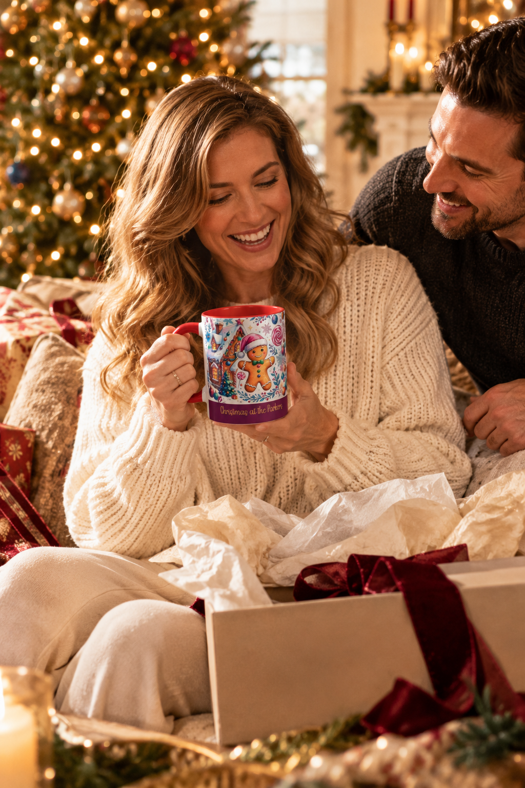 Red personalized Gingerbread Village mug being unwrapped as a Christmas gift, lifestyle photo