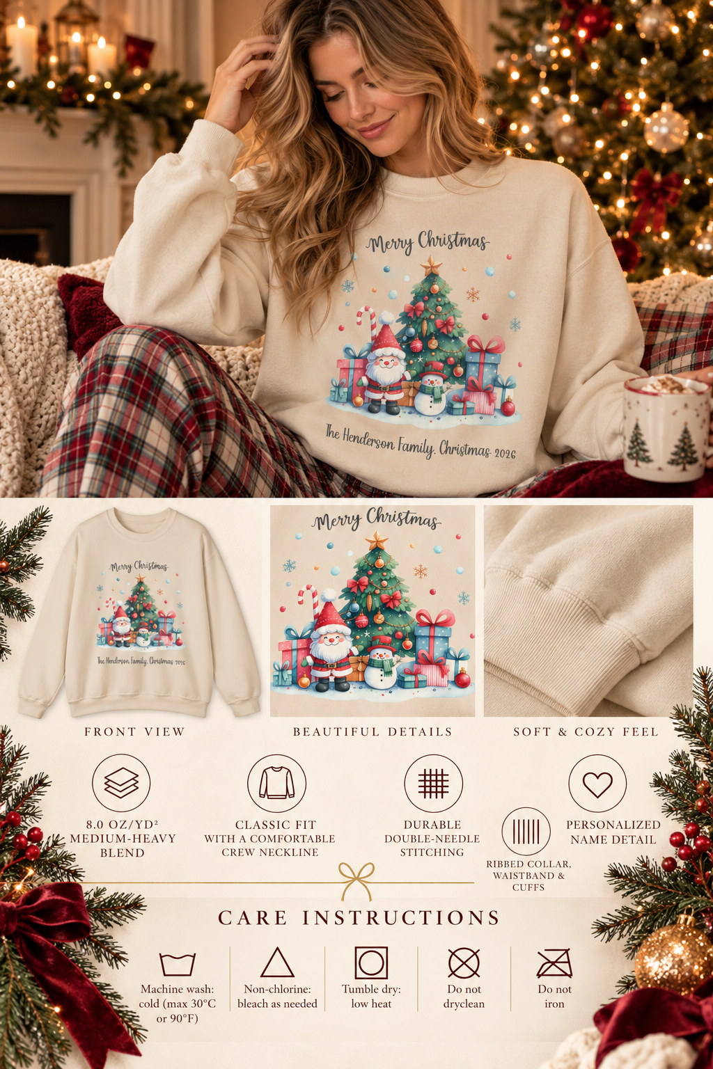 Personalized Gnome and Snowman Family Christmas sweatshirt infographic with features, gift details and care instructions