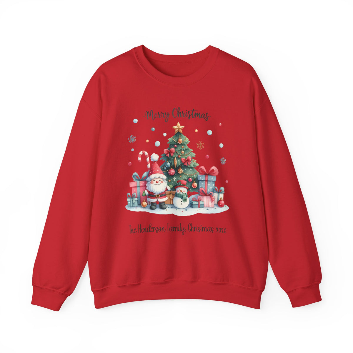 Red personalized Gnome and Snowman Family Christmas sweatshirt, front view