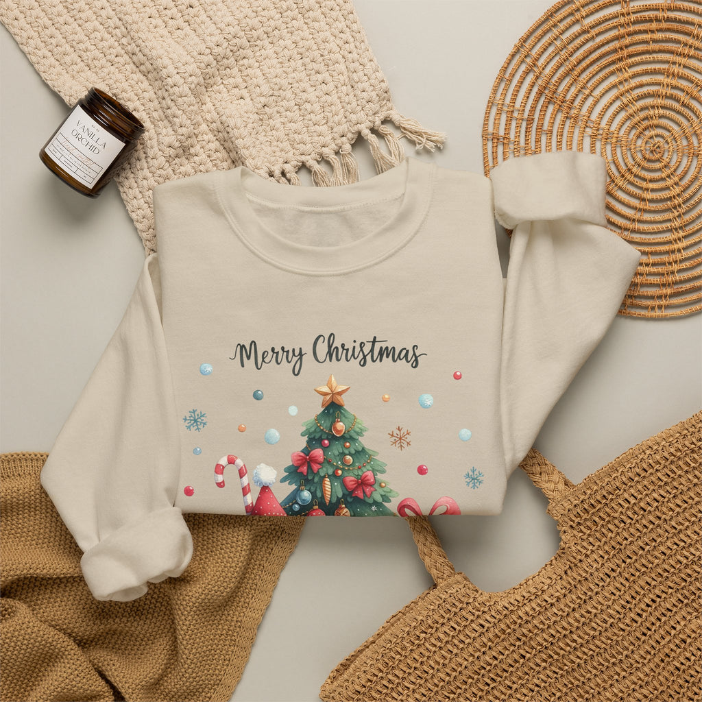 Sand personalized Gnome and Snowman Family Christmas sweatshirt, flat lay with cozy knit blanket