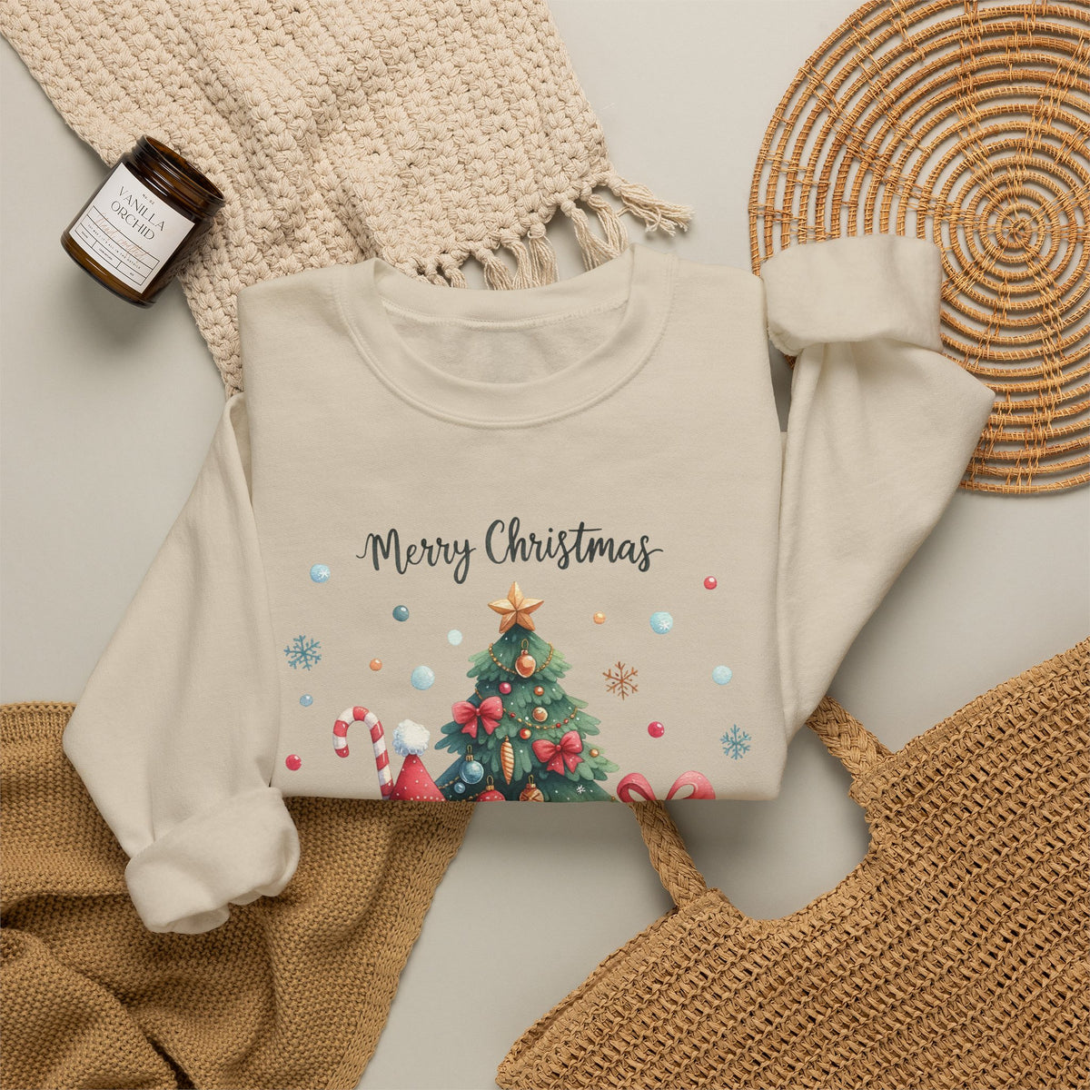 Sand personalized Gnome and Snowman Family Christmas sweatshirt, flat lay with cozy knit blanket