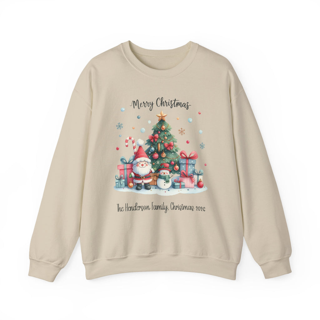 Sand personalized Gnome and Snowman Family Christmas sweatshirt, front view