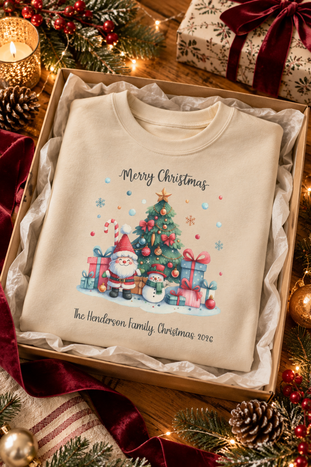 Sand personalized Gnome and Snowman Family Christmas sweatshirt, in a Christmas gift box, lifestyle photo