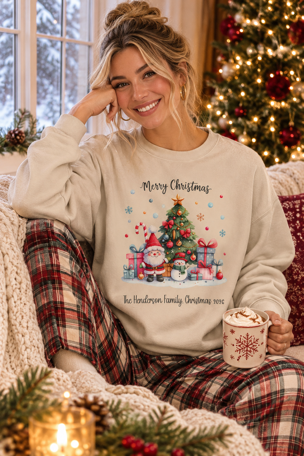 Sand personalized Gnome and Snowman Family Christmas sweatshirt, lifestyle photo by the Christmas tree