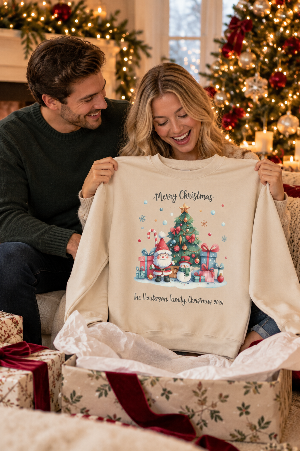 Sand personalized Gnome and Snowman Family Christmas sweatshirt, couple unwrapping it as a Christmas gift, lifestyle photo