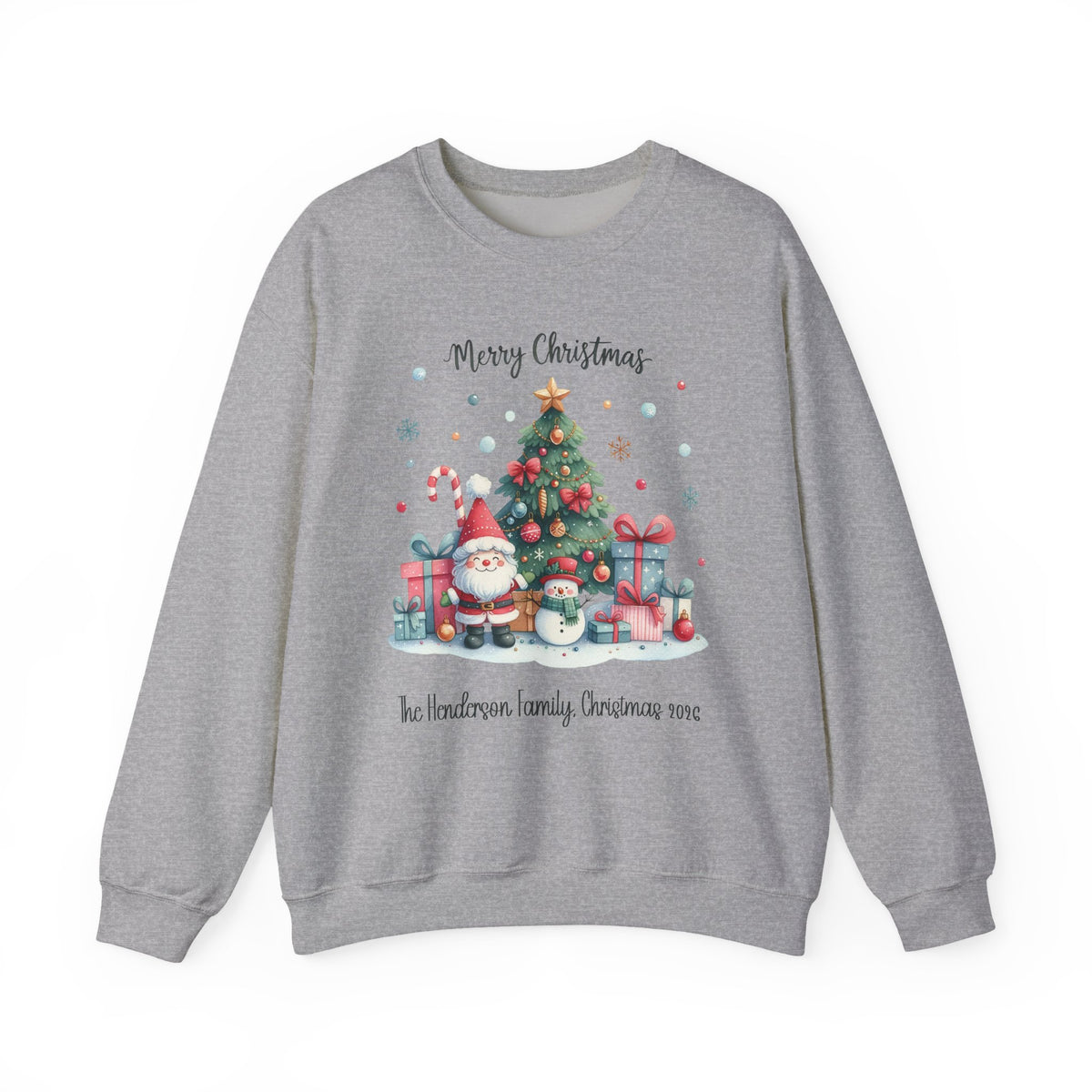 Sport Grey personalized Gnome and Snowman Family Christmas sweatshirt, front view