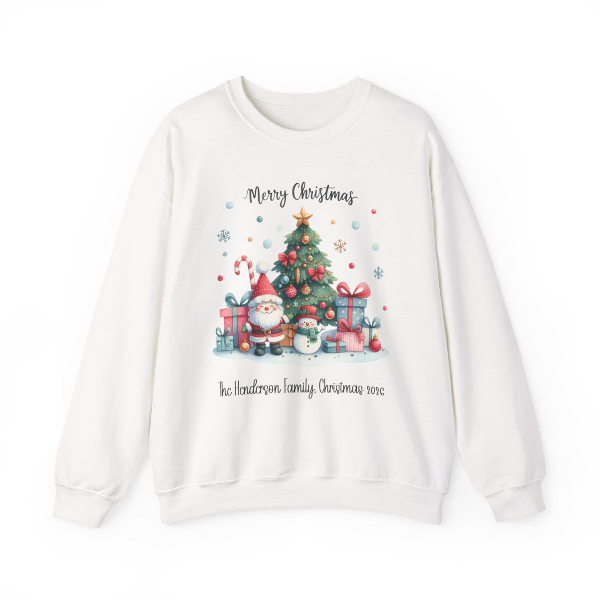 White personalized Gnome and Snowman Family Christmas sweatshirt, front view