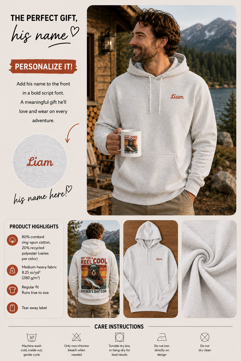 A information collage for a customizable hoodie. The main panel shows a man wearing a light gray hoodie with the name 'Liam' embroidered on the chest, holding a matching printed mug. Name is customizable. Special gift for him.