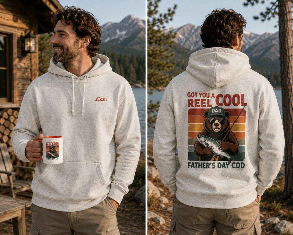 A man is shown in a split view wearing a light heather gray hoodie. The left side shows the front of the hoodie with a small embroidered name on the chest, and he is holding a mug. Name is customizable. Special gift for him.