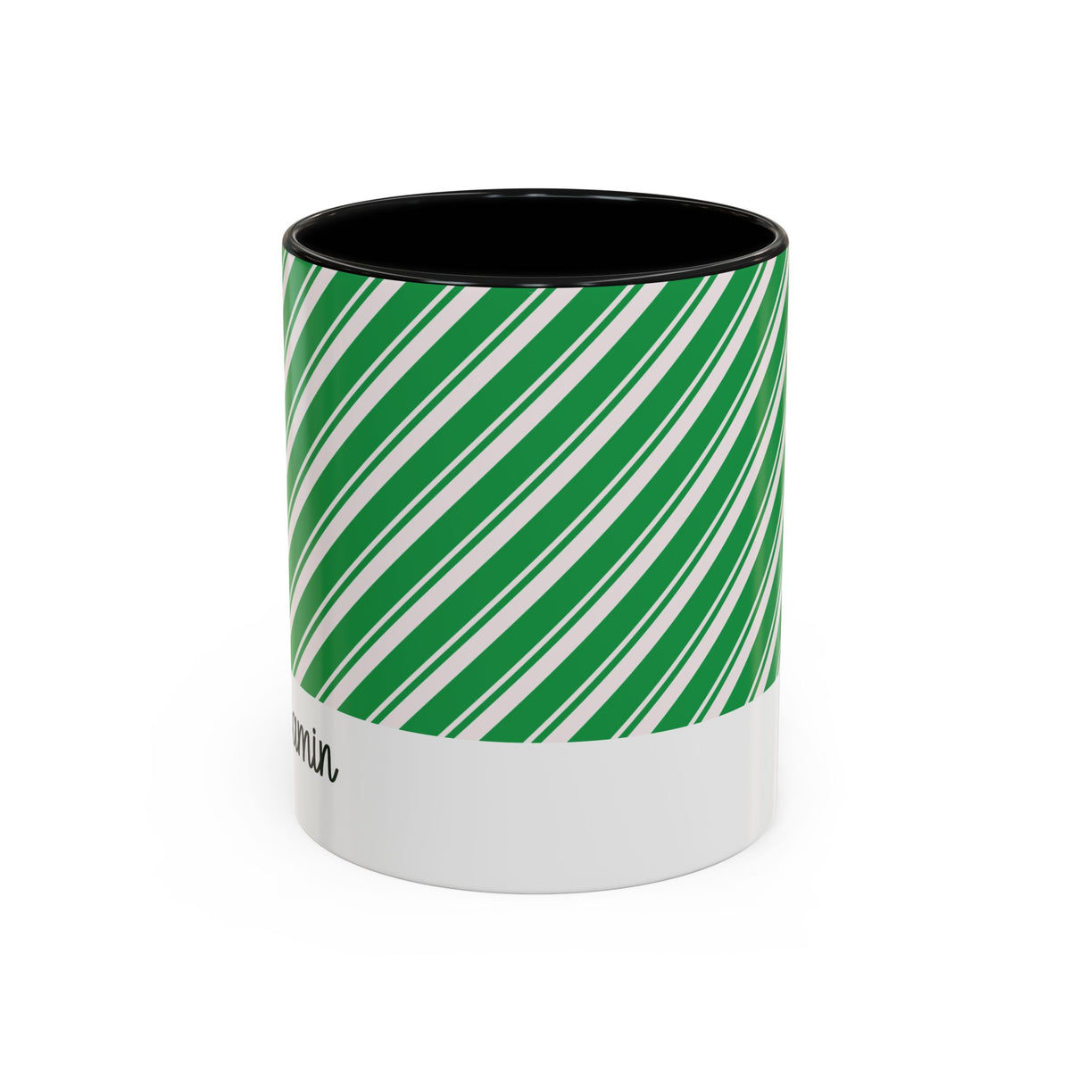 Black personalized Green Candy Cane mug, 11oz, front view