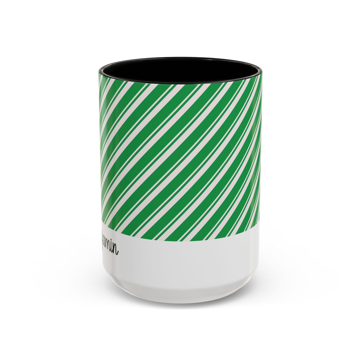 Black personalized Green Candy Cane mug, 15oz, front view