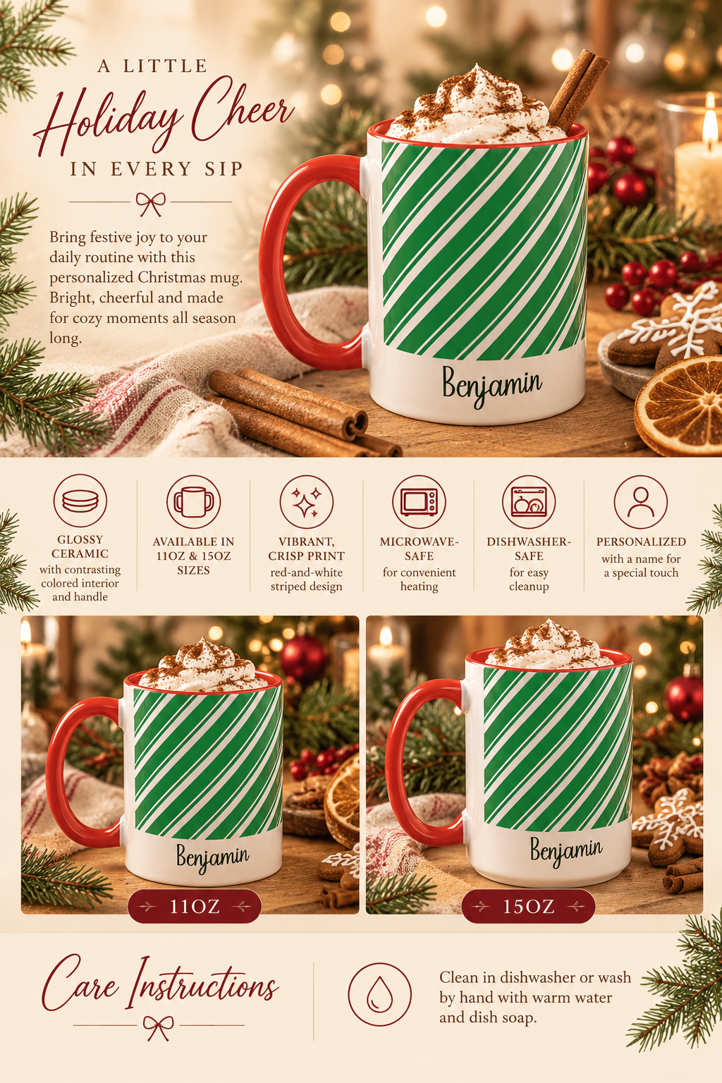 Personalized Green Candy Cane mug infographic with sizes, features and care instructions