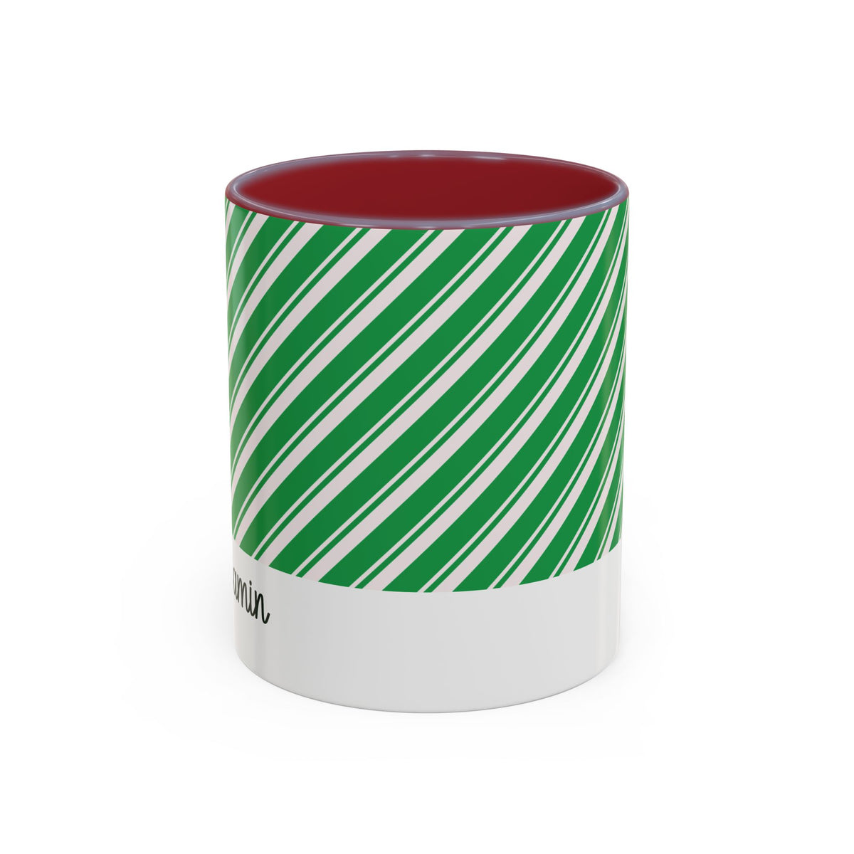 Maroon personalized Green Candy Cane mug, 11oz, front view