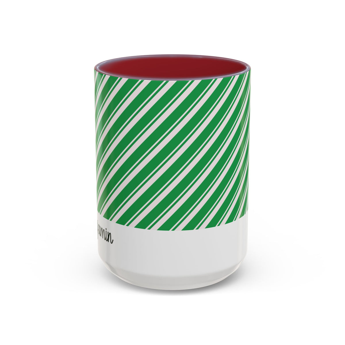 Maroon personalized Green Candy Cane mug, 15oz, front view