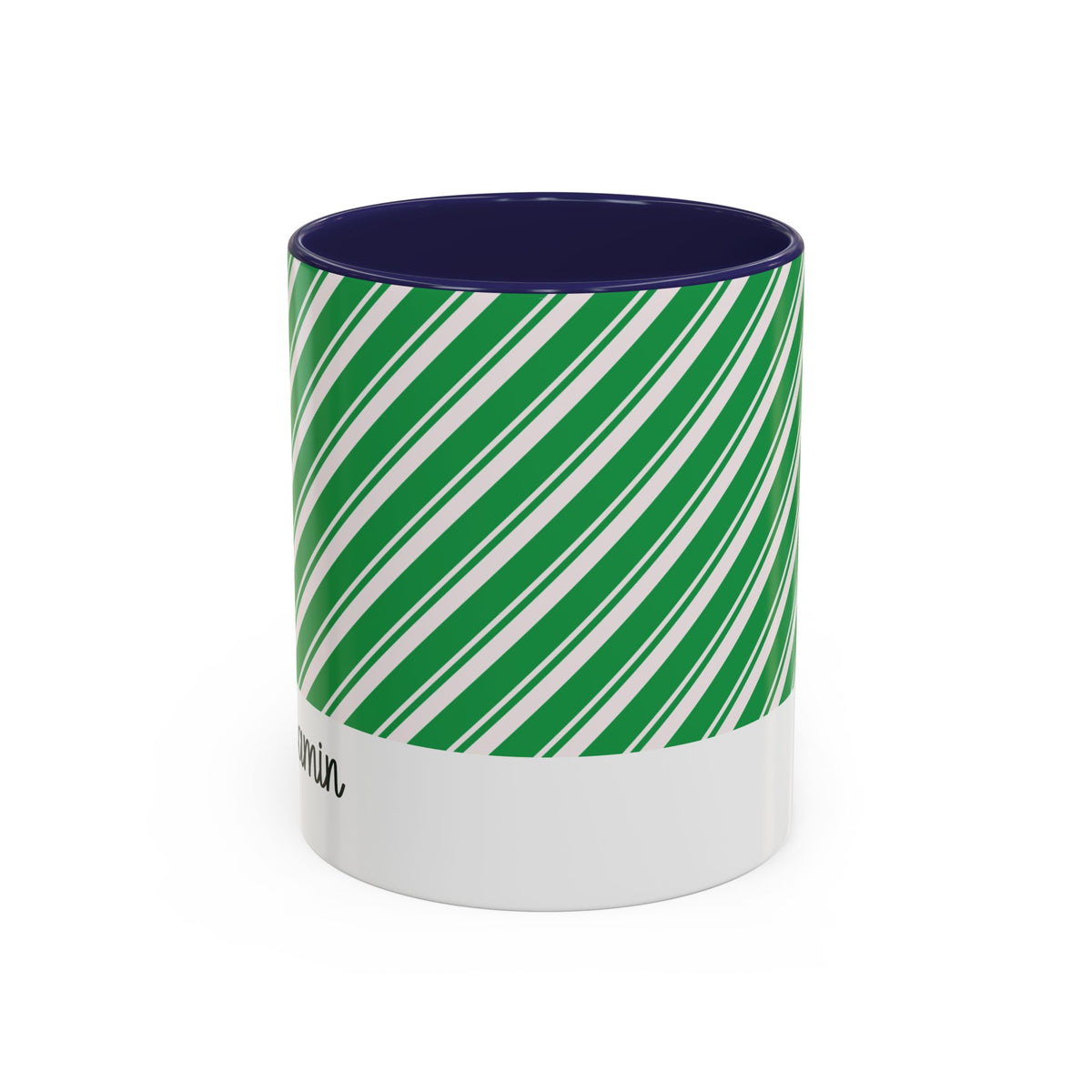 Navy personalized Green Candy Cane mug, 11oz, front view