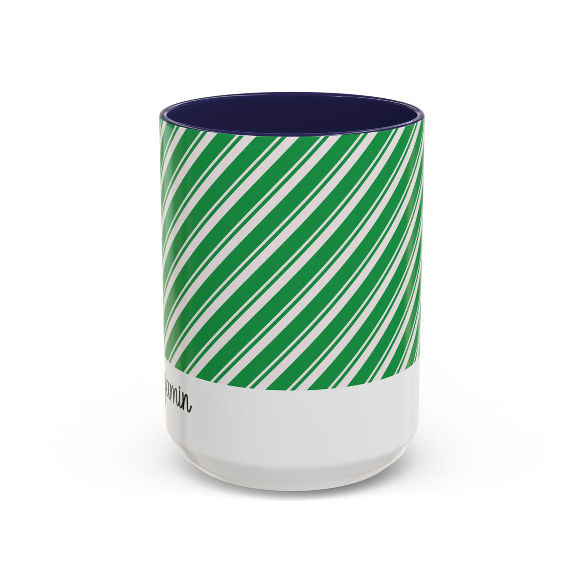 Navy personalized Green Candy Cane mug, 15oz, front view