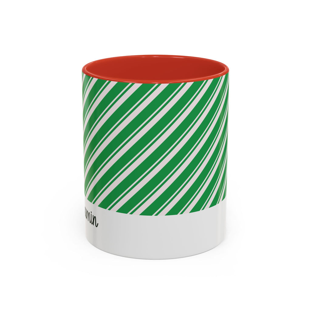 Red personalized Green Candy Cane mug, 11oz, front view