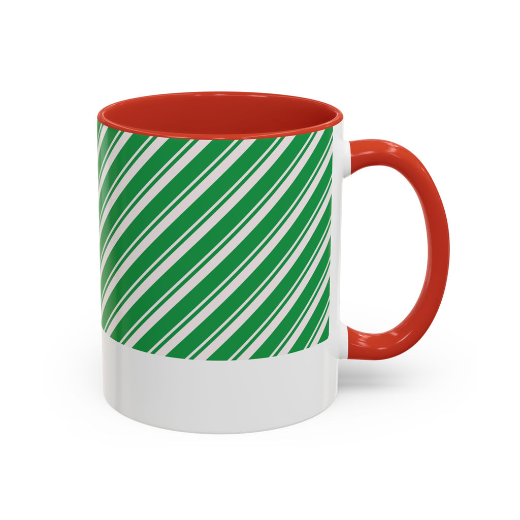 Red personalized Green Candy Cane mug, 11oz, side view with handle on the right