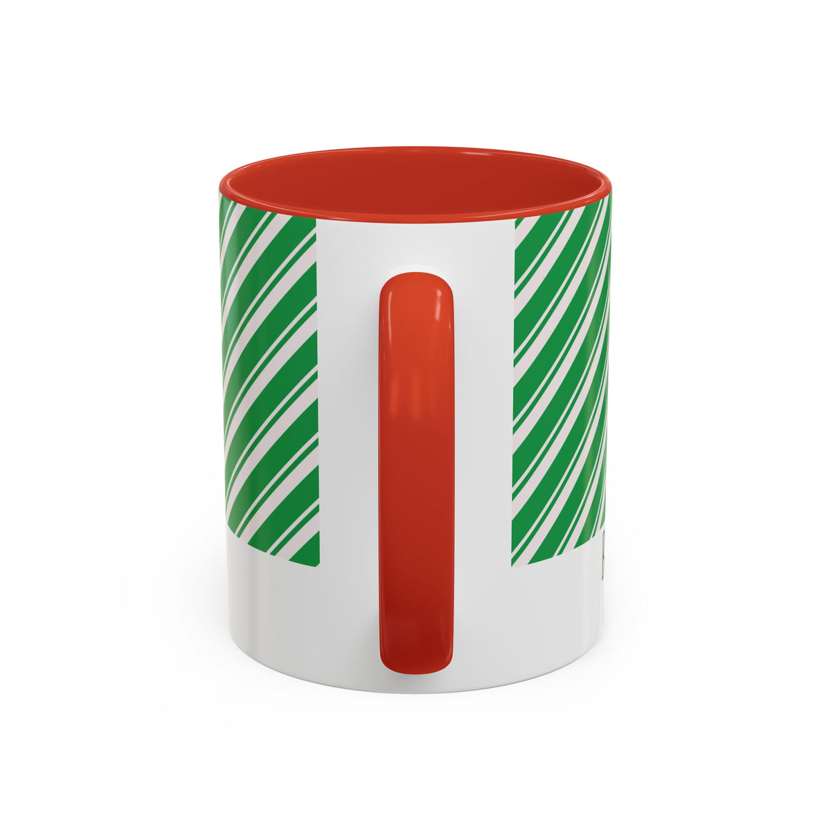 Red personalized Green Candy Cane mug, 11oz, handle view