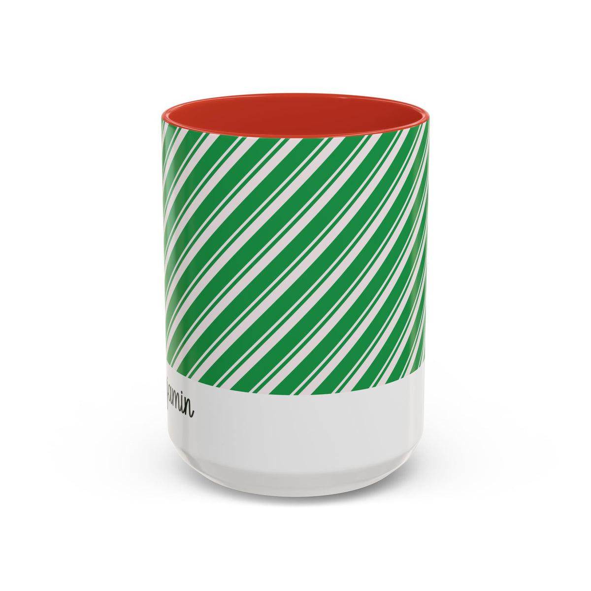 Red personalized Green Candy Cane mug, 15oz, front view