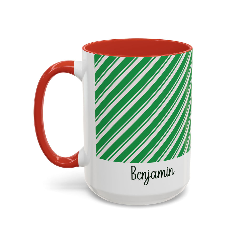 Red personalized Green Candy Cane mug, 15oz, side view with handle on the left