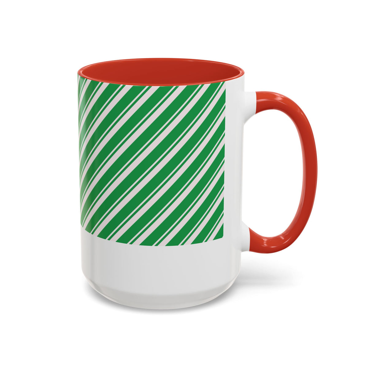 Red personalized Green Candy Cane mug, 15oz, side view with handle on the right