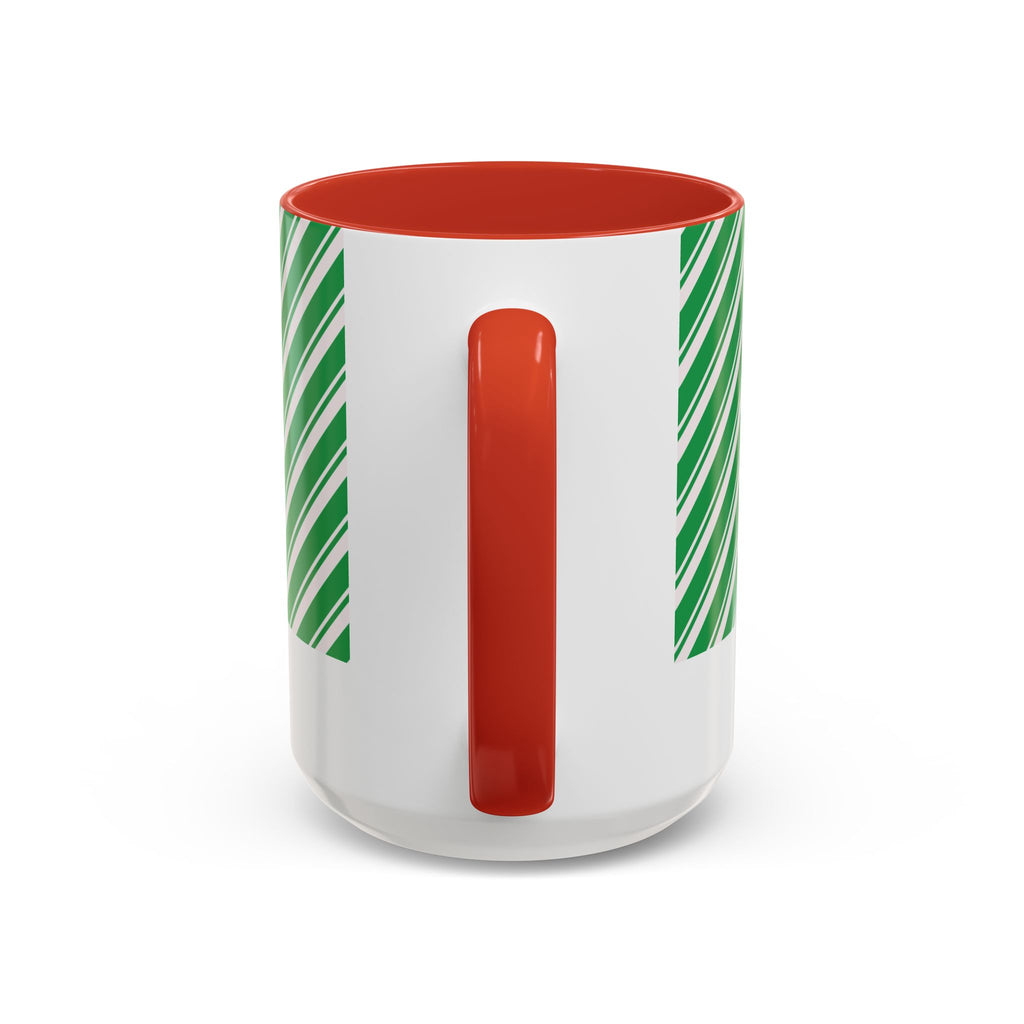 Red personalized Green Candy Cane mug, 15oz, handle view