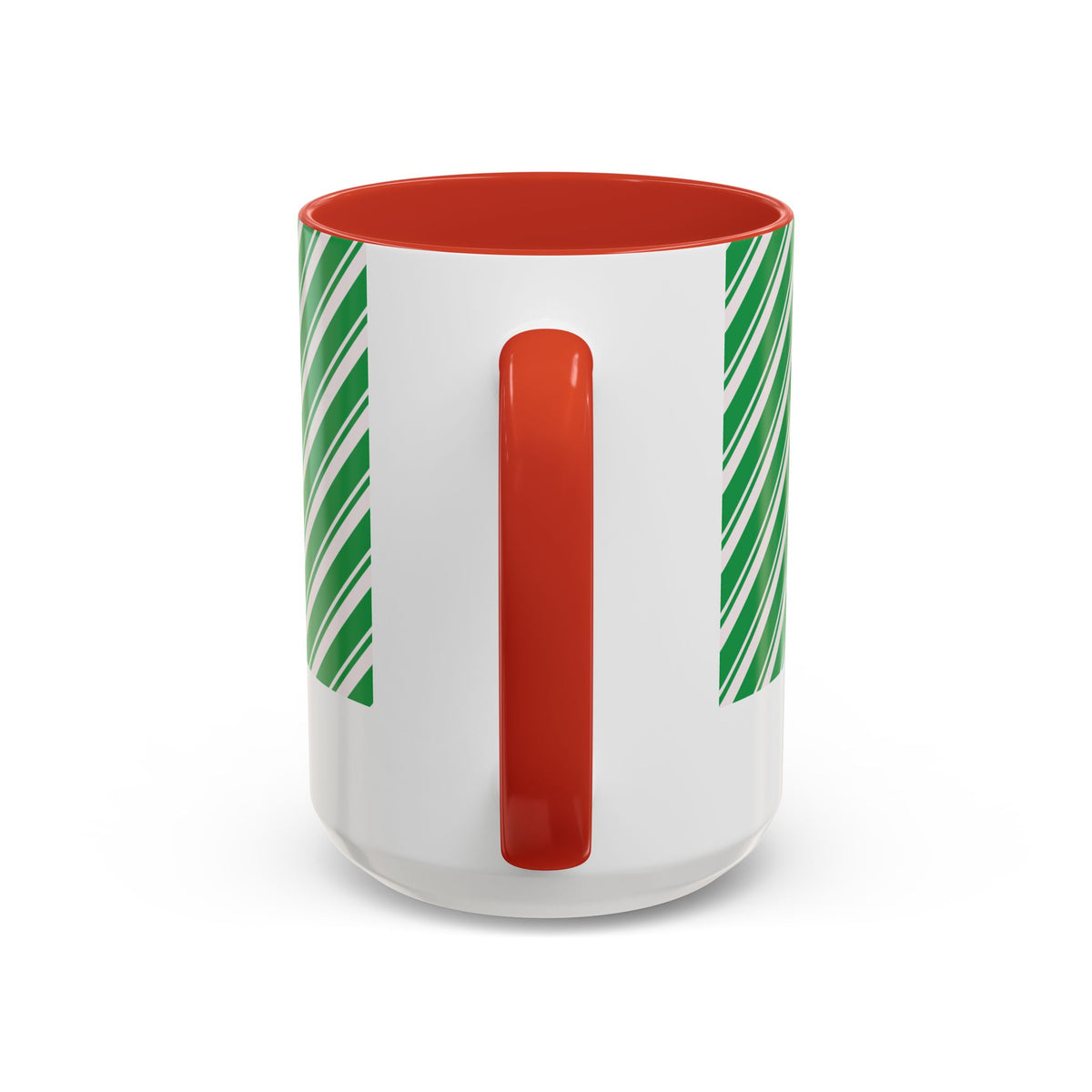 Red personalized Green Candy Cane mug, 15oz, handle view