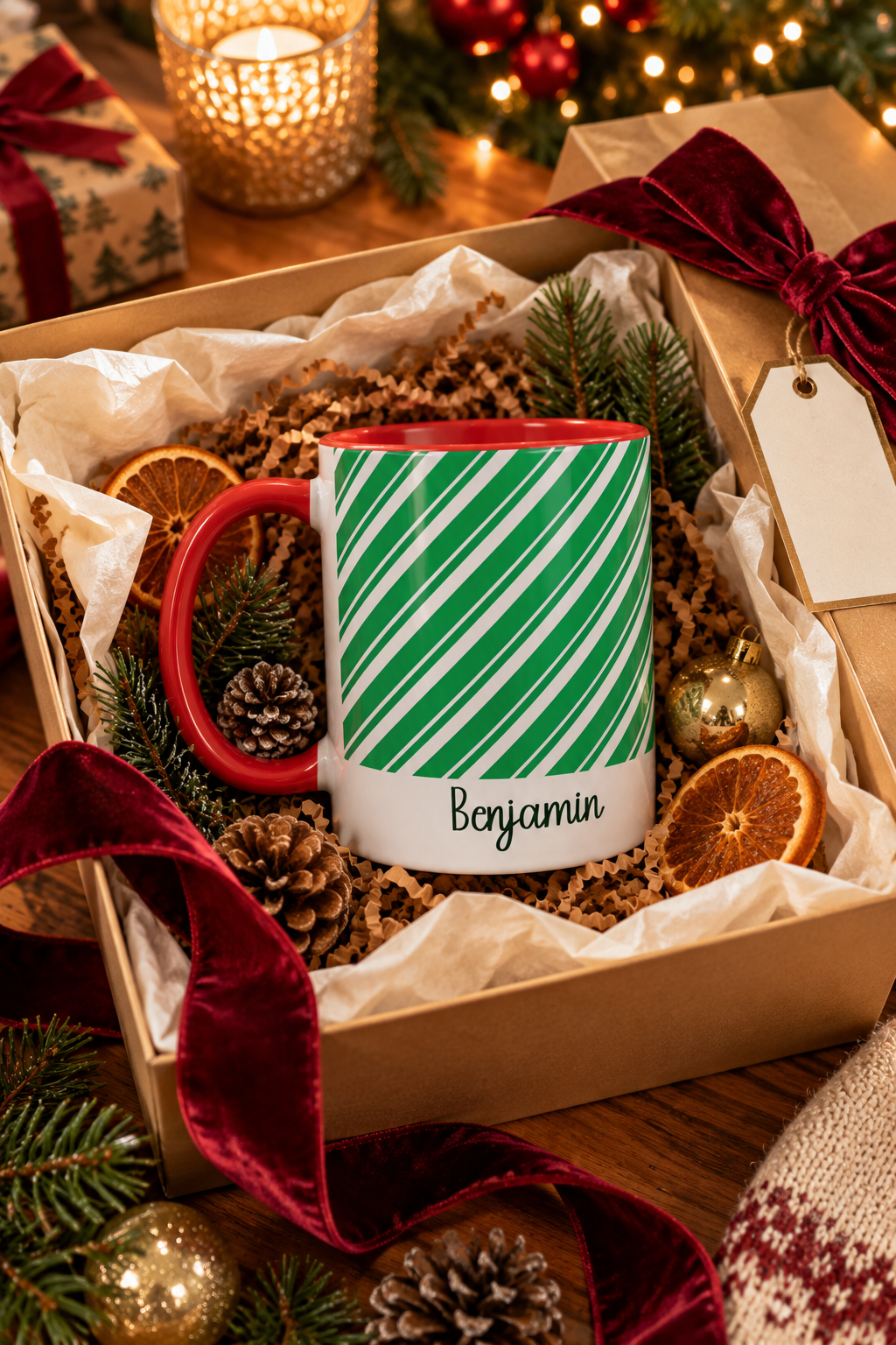 Red personalized Green Candy Cane mug in a Christmas gift box, lifestyle photo