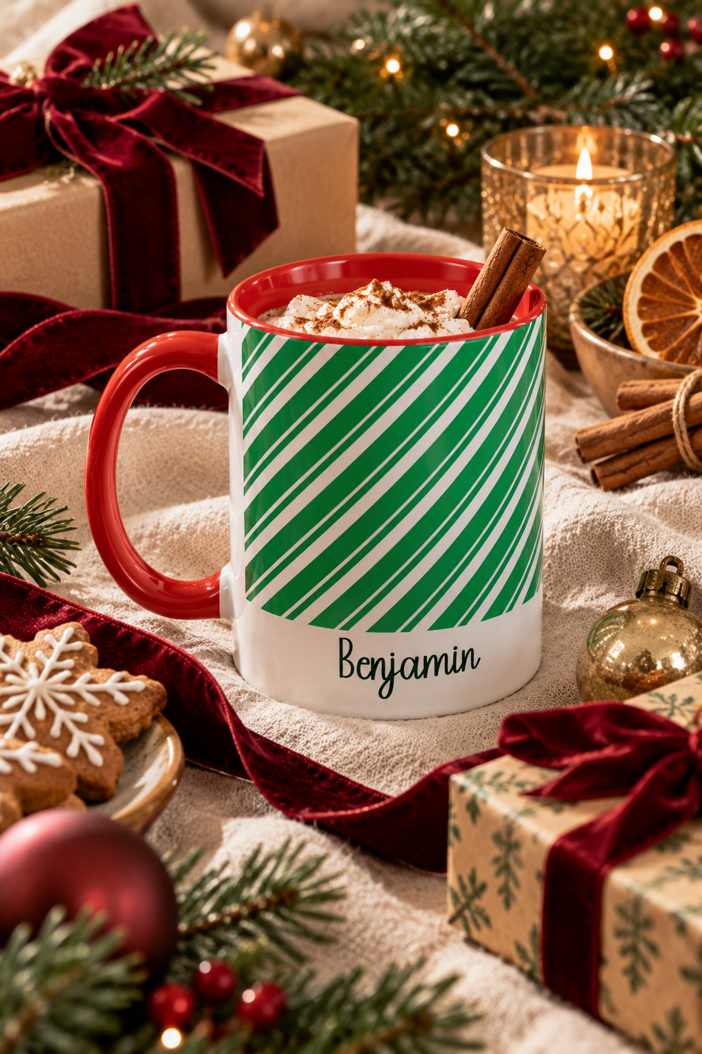 Red personalized Green Candy Cane mug with hot cocoa and Christmas treats, lifestyle photo