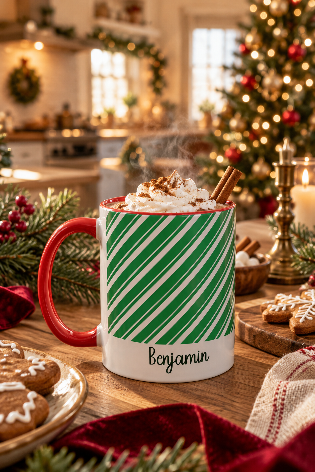 Red personalized Green Candy Cane mug with hot cocoa by the Christmas tree, lifestyle photo