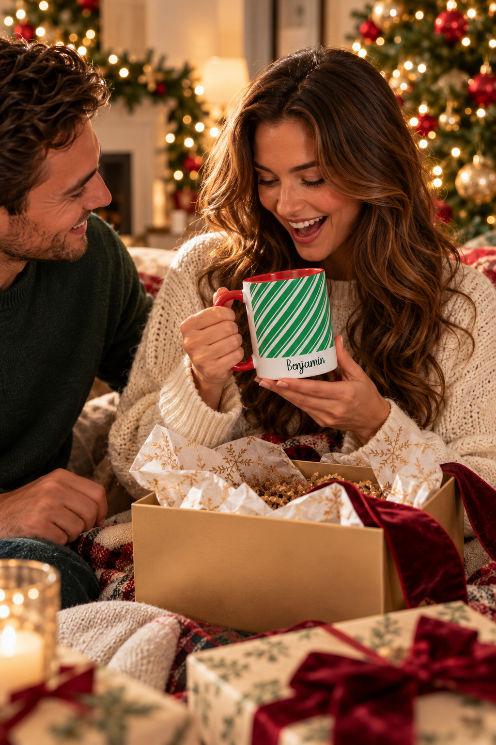 Red personalized Green Candy Cane mug being unwrapped as a Christmas gift, lifestyle photo