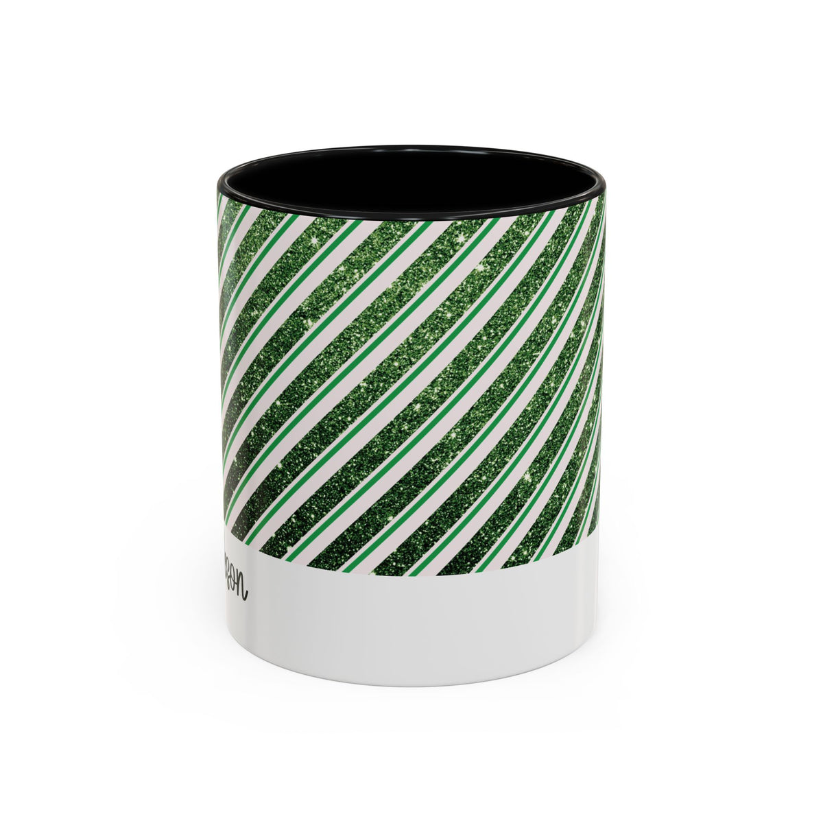Black personalized Green Glitter Stripe mug, 11oz, front view